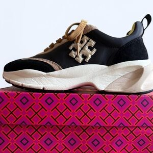 Tory Burch Good Luck Trainers Black and Tan Women's Sneakers